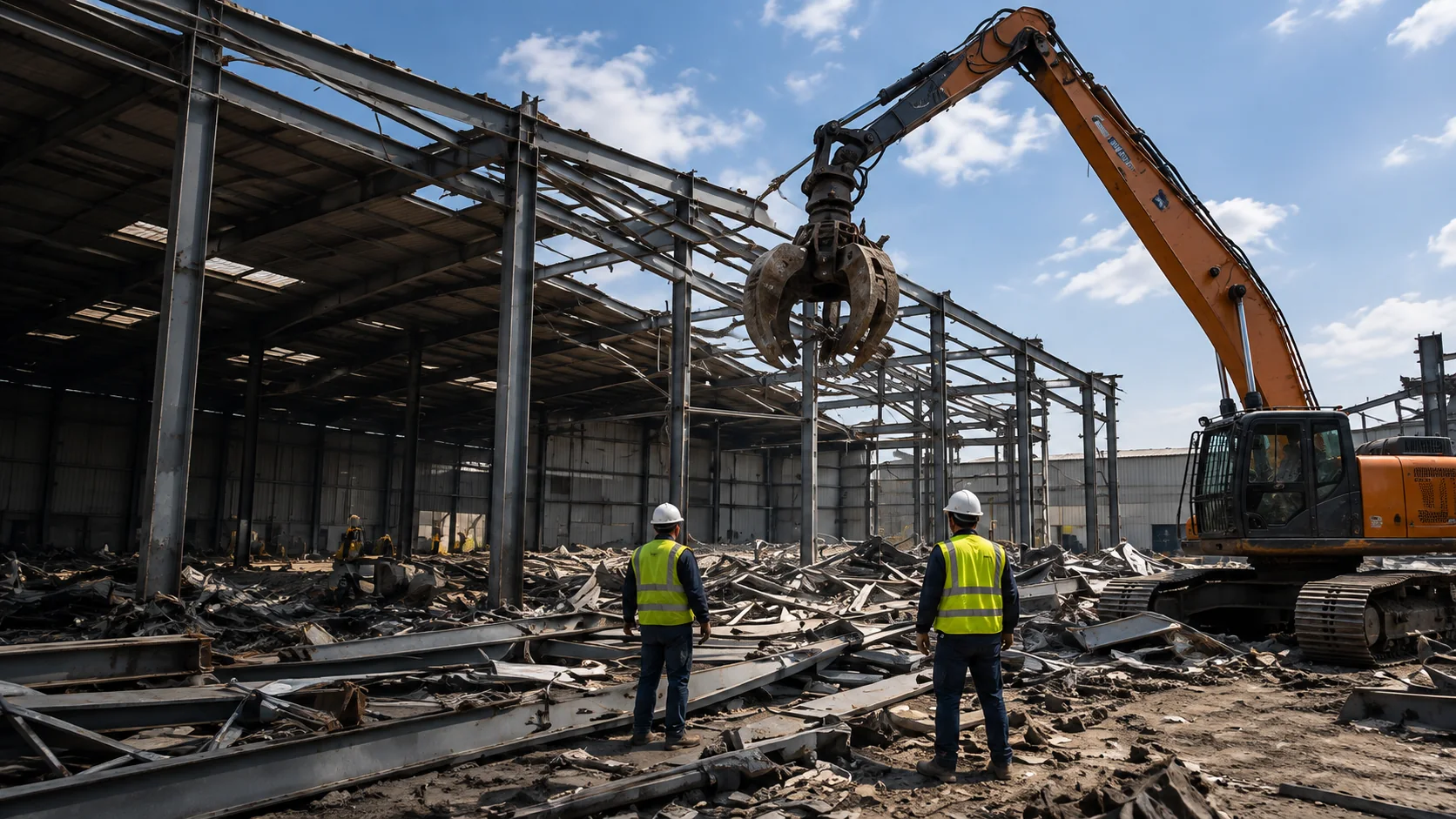 Excavator working alongside an industrial steel structure