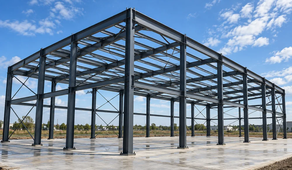 Exposed steel shed frame