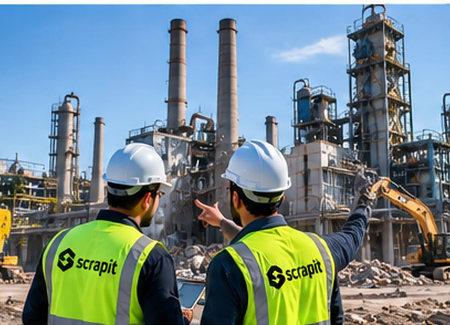 Industrial demolition team assessing factory site