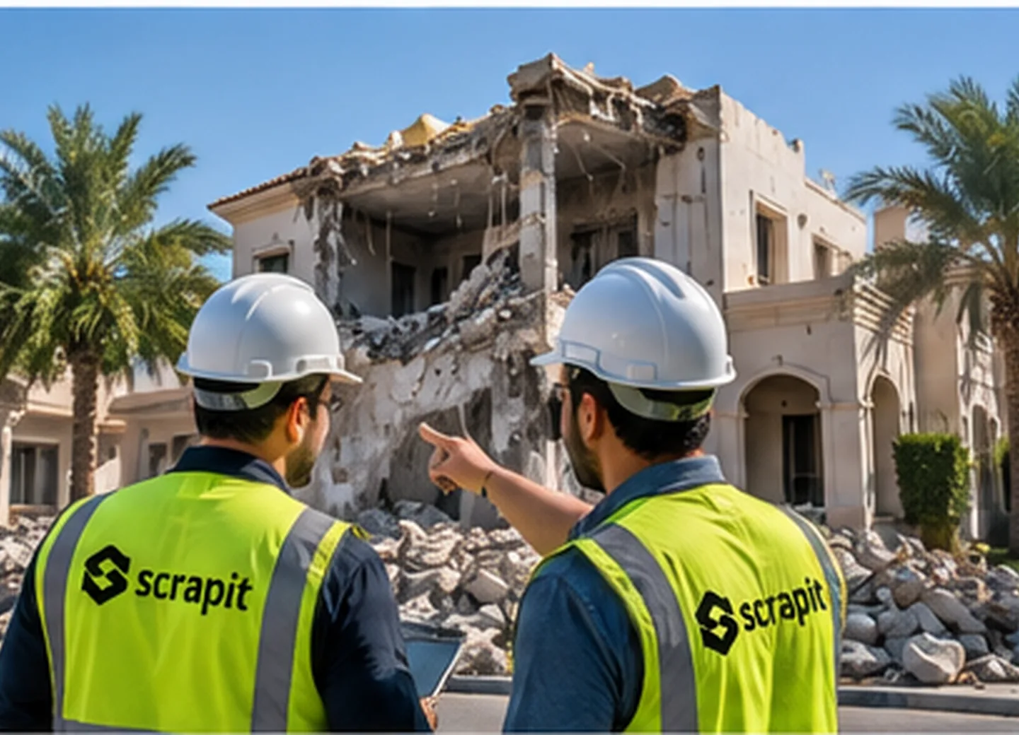 Villa demolition team inspecting residential site
